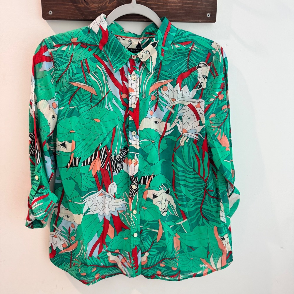 Talbots Petites Jungle Safari Print Cotton Button Down Shirt Green Red Size LP